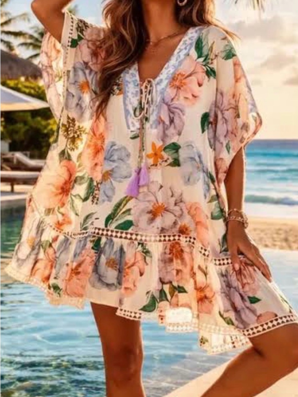 Z&L Europe Womens XL Top Floral 100% Cotton Boho Kaftan Blouse Swim Coverup Lace